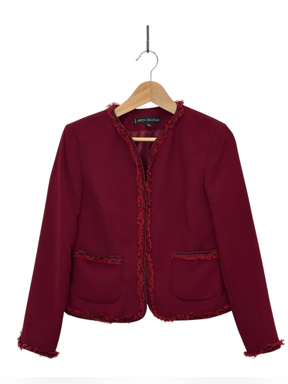 Nipon Boutique Raw Edge Silk Trim Blazer Jacket Burgundy Size 6P Quiet Luxury